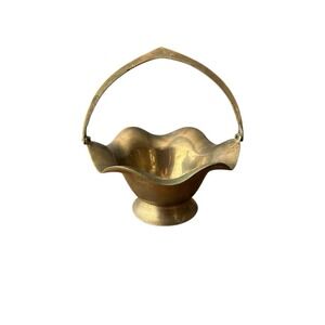 VTG Solid Brass Basket Bowl Swivel Handle Pedestal Base Ruffle 5" Trinket Decor